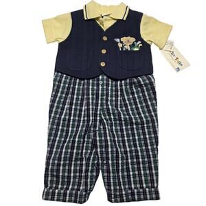 Vintage Baby Togs Boys 6-9 Months Plaid Button Down Set Navy Vest Set Golf NWT